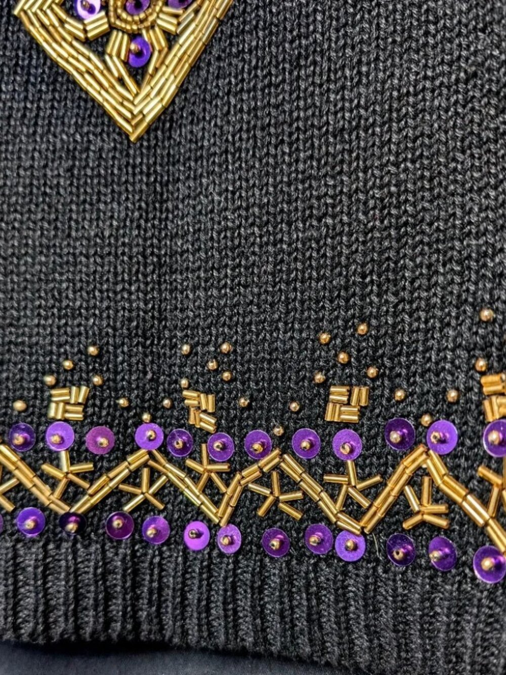 Vintage Marnie West Black Purple Beaded Sequin Sweater | L - Picture 10 of 12